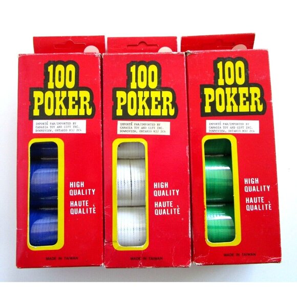 Vintage Poker Chips Blue/Green/White Boxes of 100 - Red Box Not Full Box -Taiwan - Picture 3 of 12